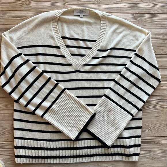 La Ligne Cashmere Silk Stripe Sweater – Black & Cream V-Neck, Size Large - Picture 4 of 4